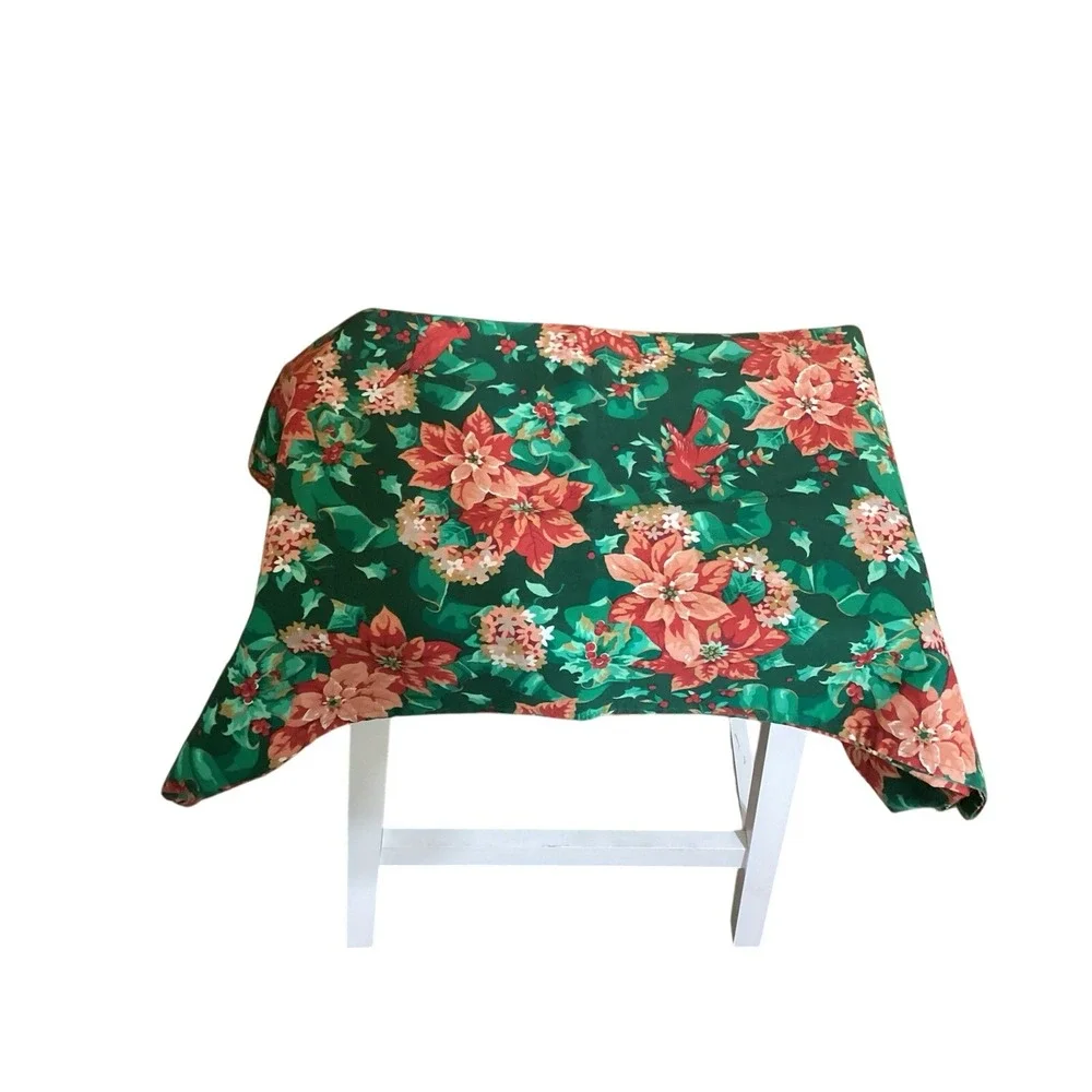 Vintage Green Christmas Tablecloth with‎ Poinsettias and Flowers 59